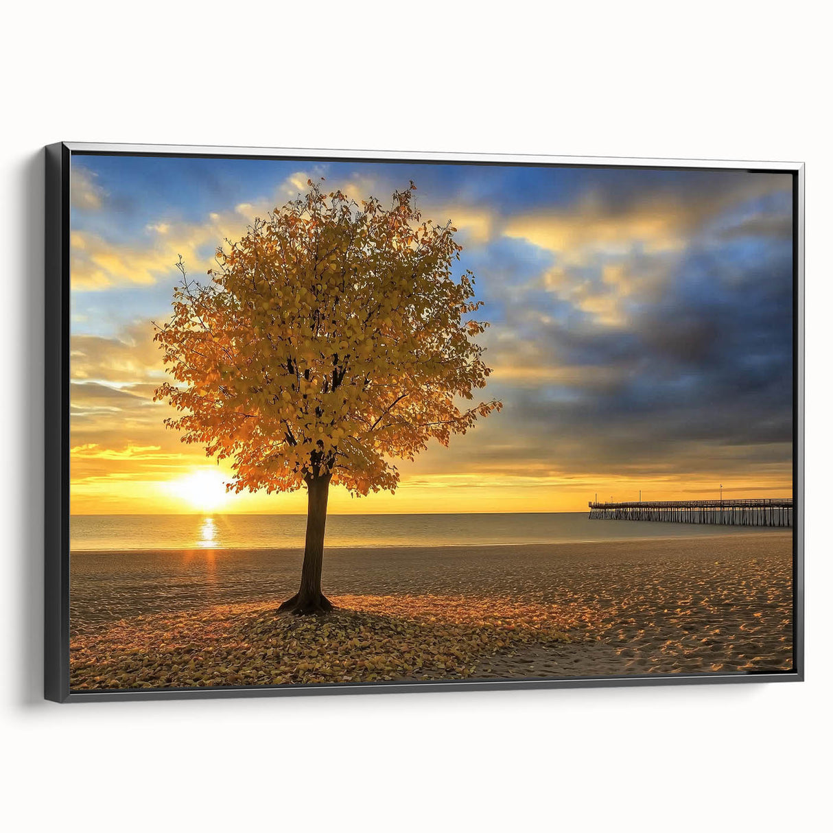 Framed landscape canvas depicting a serene beach scene with vibrant blue skies and soft waves, featuring a sleek black frame that enhances its modern appeal.
