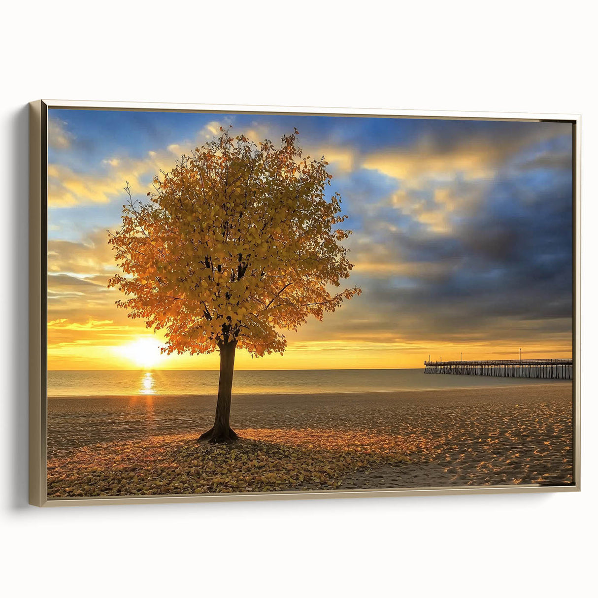 Framed canvas artwork depicting a serene beach landscape with golden accents, showcasing vibrant colors and a stylish side view, perfect for home decor.