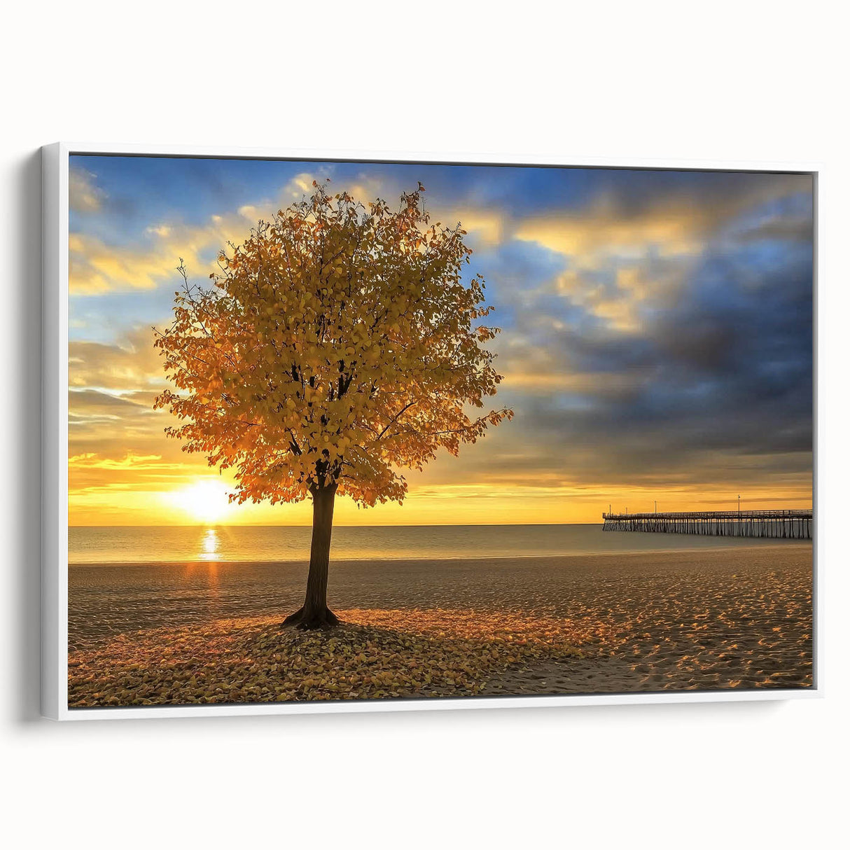 Framed canvas print showcasing a vibrant beach landscape with blue skies and golden sand, designed to enhance coastal-themed decor in living spaces.