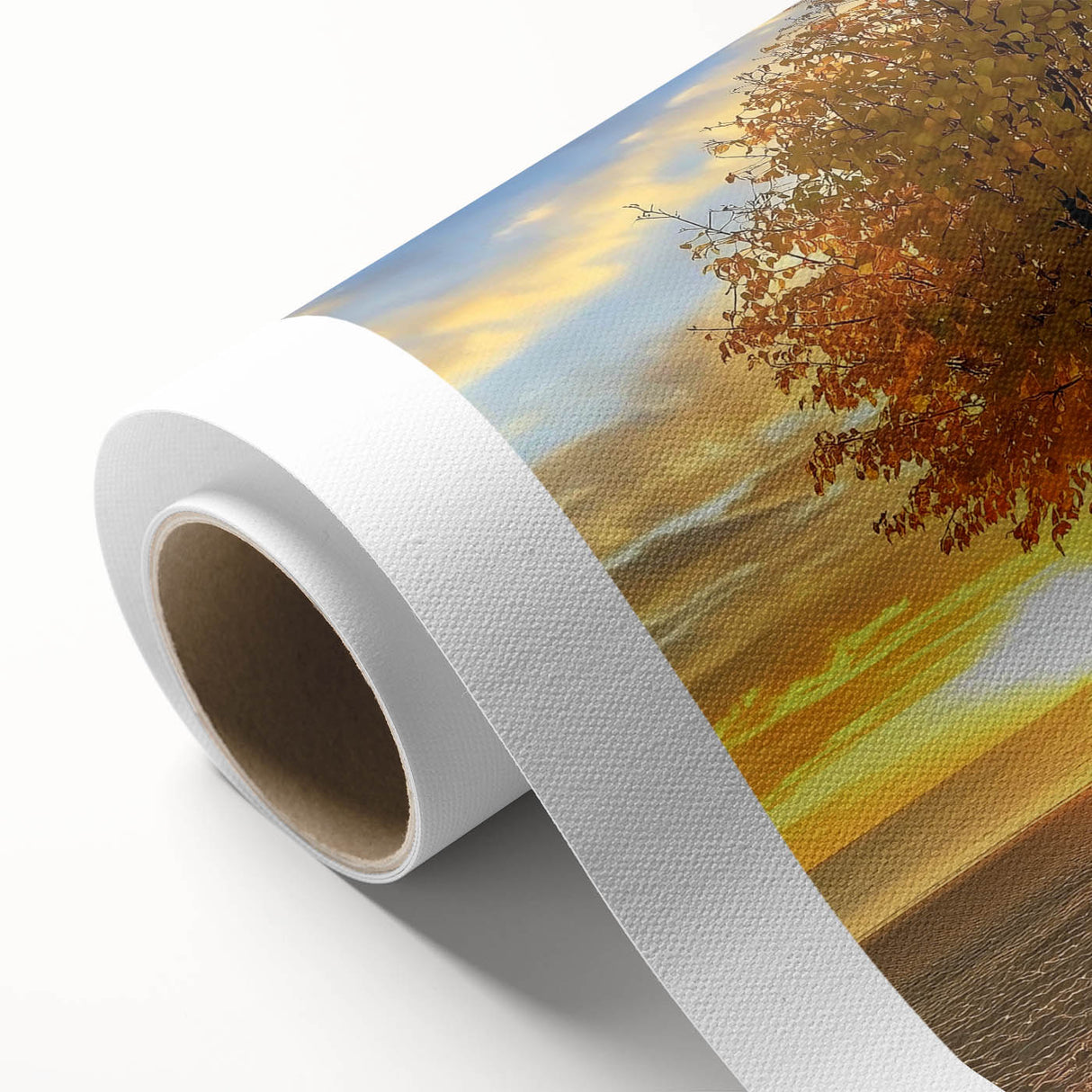 Vibrant rolled canvas depicting a serene beach landscape with soft waves, golden sand, and a clear blue sky, perfect for coastal home decor.