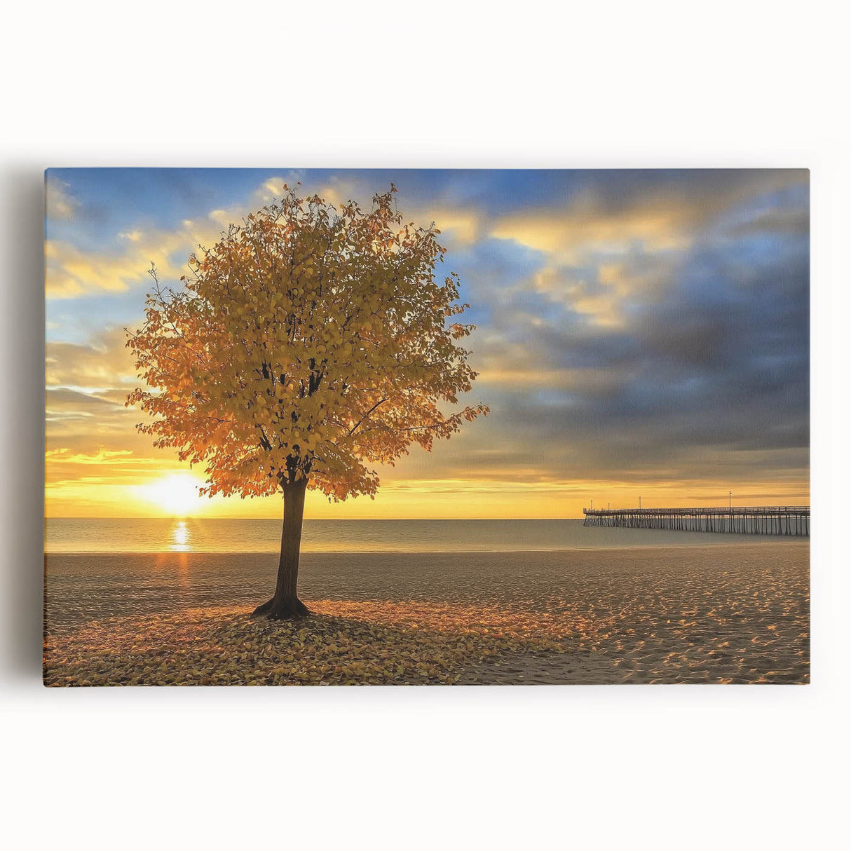 Stretched canvas artwork depicting a serene beach landscape with vibrant colors, perfect for home decor or coastal-themed interiors, enhancing ambiance and tranquility.