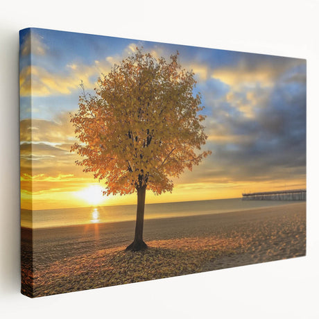 Stretched canvas artwork showcasing a serene beach landscape with vibrant blue skies and gentle waves, perfect for coastal-themed decor or relaxing ambiance.