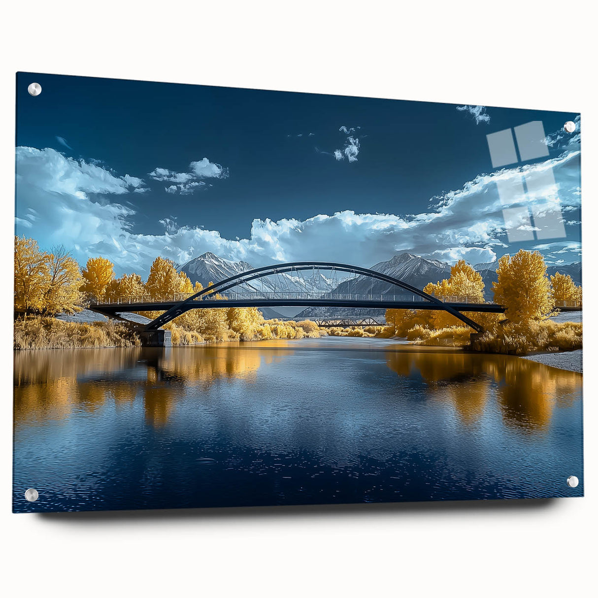 Acrylic glass landscape bridge design showcasing a side view with intricate pin details, perfect for modern home decor and art enthusiasts.
