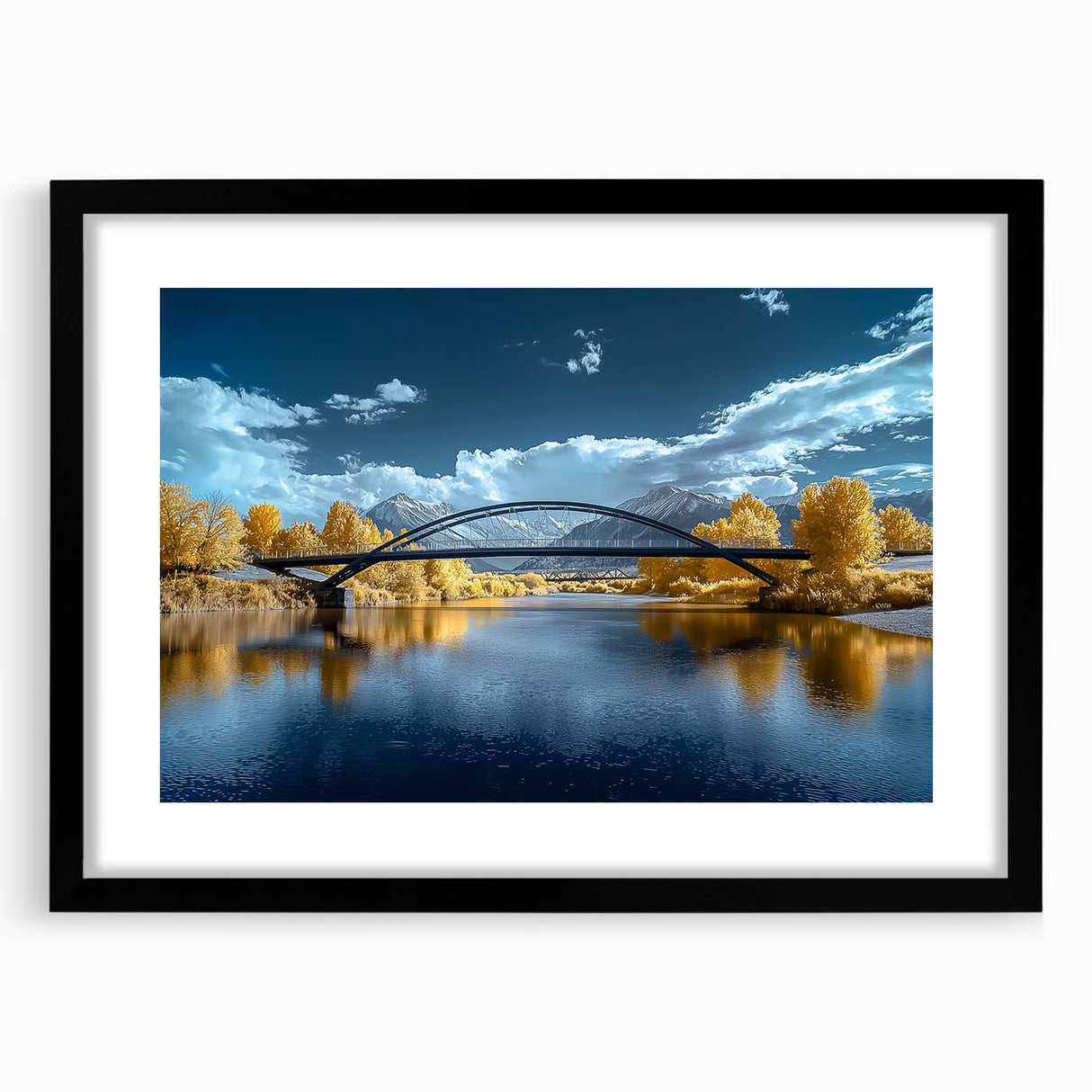 Landscape bridge frame in black, showcasing a modern design with a sleek mat. Ideal for displaying photography or artwork, enhancing any contemporary décor.