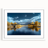 White landscape bridge frame with a mat, showcasing a modern design and clean lines, perfect for enhancing art display in contemporary home decor.