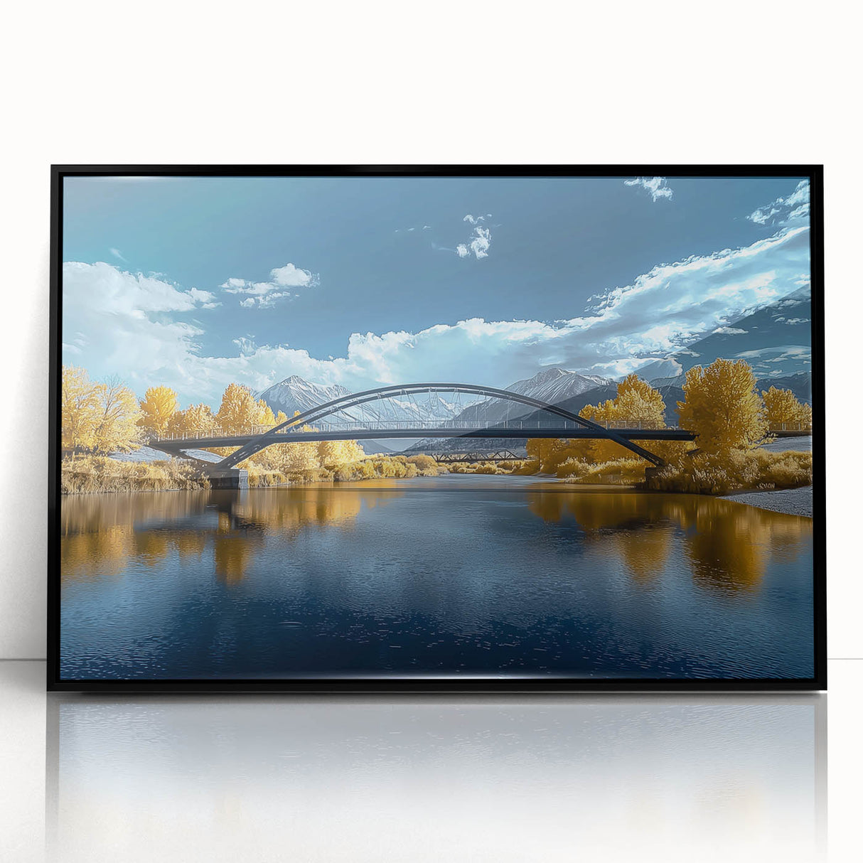 Framed acrylic artwork of a modern landscape bridge in black, showcasing a sleek design and vibrant colors, ideal for contemporary home decor.