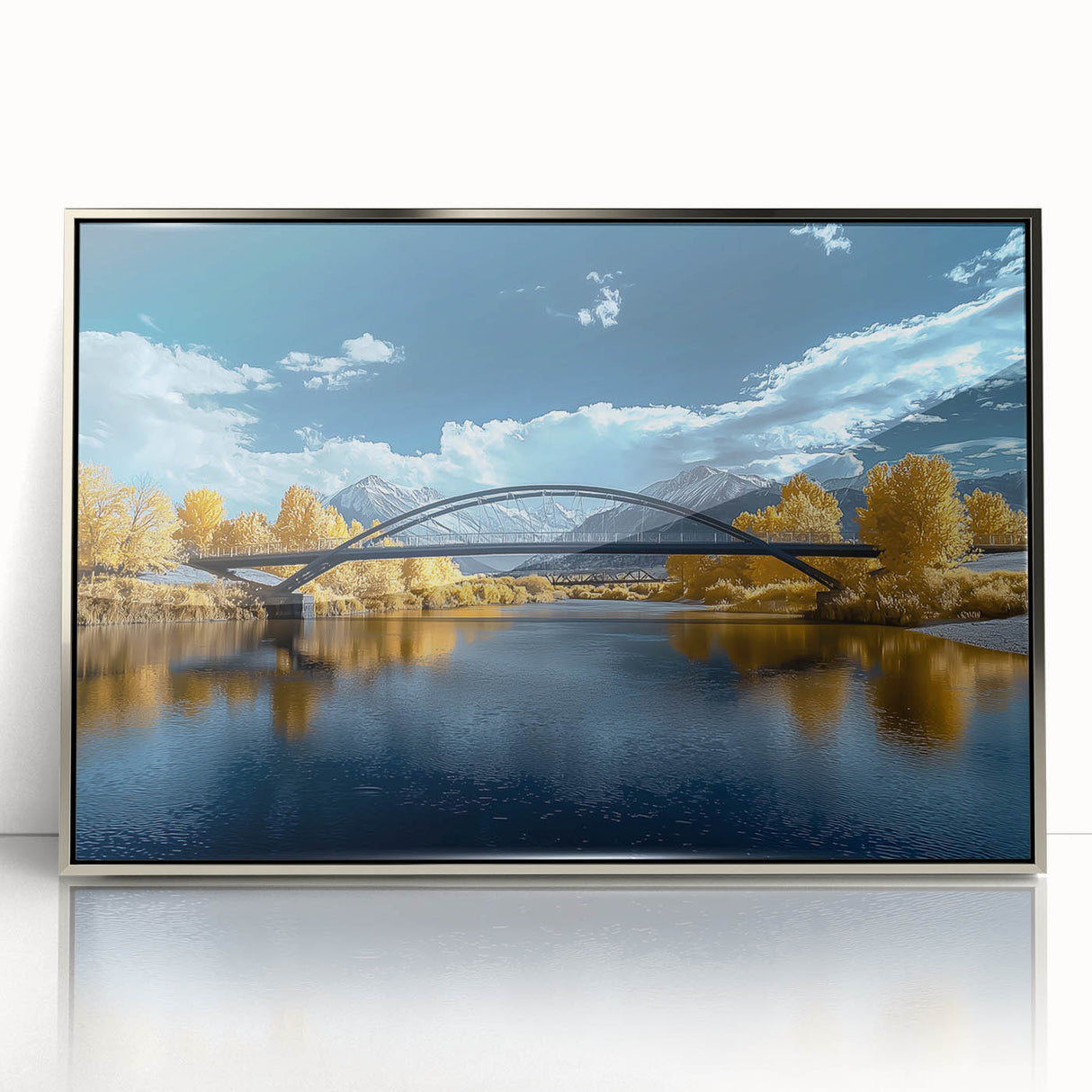 Framed acrylic artwork depicting a serene landscape bridge scene with vibrant colors and intricate details, ideal for modern home decor and art enthusiasts.