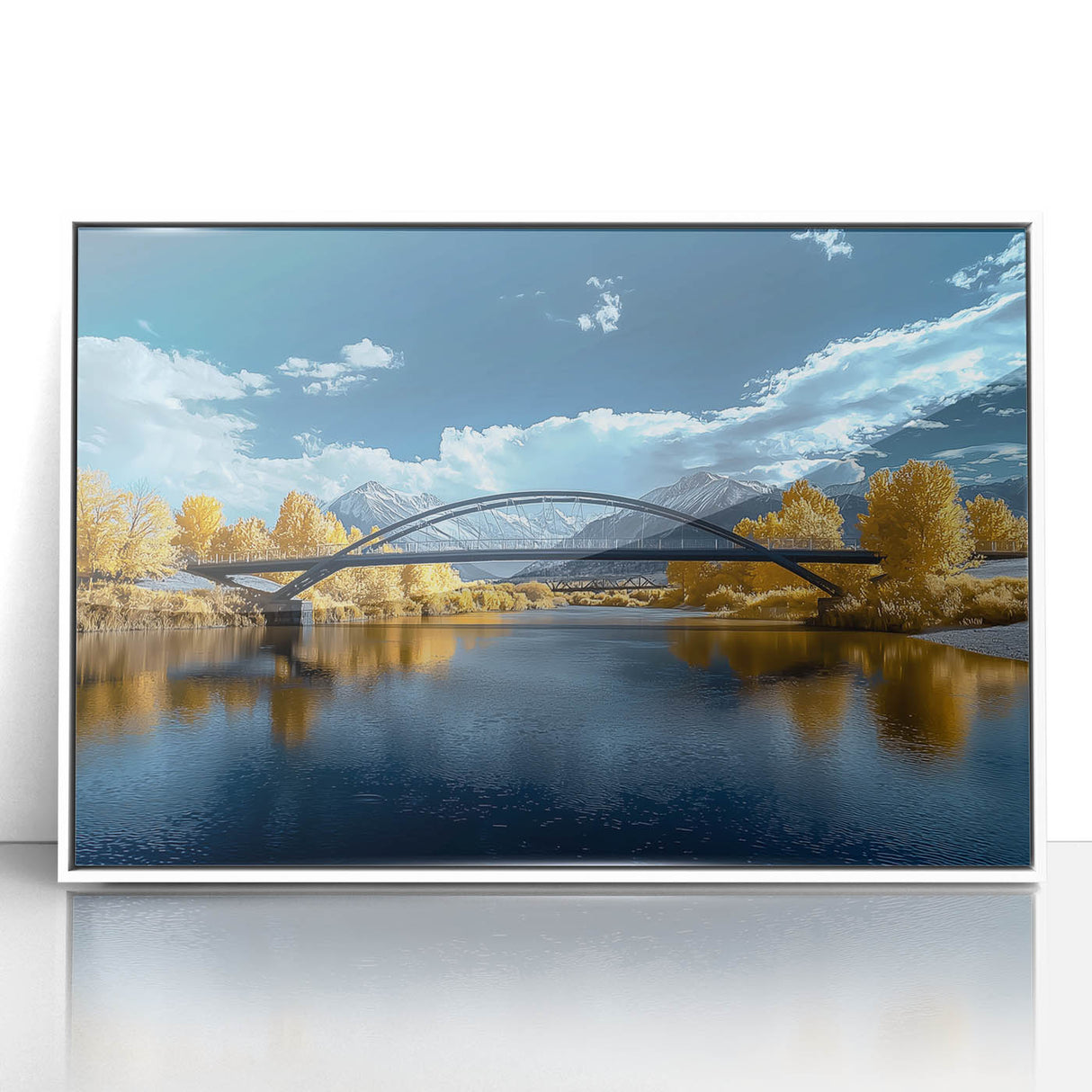 Framed acrylic landscape artwork showcasing a serene bridge scene, featuring vivid colors and intricate details. Perfect for enhancing modern home décor.