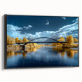 Framed canvas artwork showcasing a serene landscape bridge in vibrant colors, set against a black background for a modern touch. Ideal for home decor.