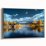 Framed canvas artwork depicting a side view of a landscape bridge, featuring gold hues and intricate detailing, ideal for home decor or art enthusiasts.