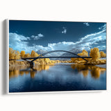 Framed landscape canvas artwork depicting a serene bridge scene, featuring vibrant colors and intricate details, perfect for enhancing home decor with a calming nature theme.