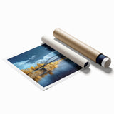 Rolled canvas print showcasing a vivid landscape bridge design, featuring rich colors and intricate details, securely packaged in a protective cardboard tube.
