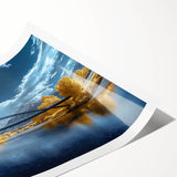 Rolled landscape print showcasing a serene bridge over water, with vibrant colors and intricate details, packaged securely in a protective tube for safe delivery.