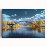 Stretched canvas artwork depicting a serene landscape with a bridge over a tranquil river, showcasing lush greenery and vibrant colors, ideal for home decor.