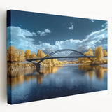 Stretched canvas artwork depicting a serene landscape bridge scene, showcasing vibrant colors and intricate details, perfect for home decor or office spaces.