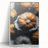 Art deco poster featuring a fall scene with orange and brown hues on a white framed acrylic.