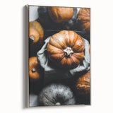 Landscape art painting of autumn trees on a silver-framed canvas, displaying rich orange and red tones.