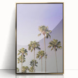 Large art print of a mid-century modernist summer scene in vibrant gold and blue tones on acrylic.