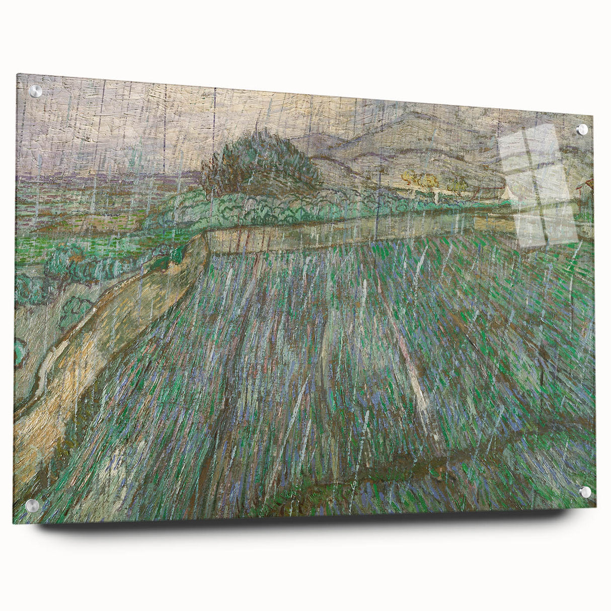 Acrylic print of a Van Gogh-inspired abstract painting, featuring swirling blue and yellow tones.