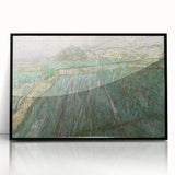 Large abstract wall art print on acrylic, featuring swirls of blue and yellow in a mid-century modernist style.