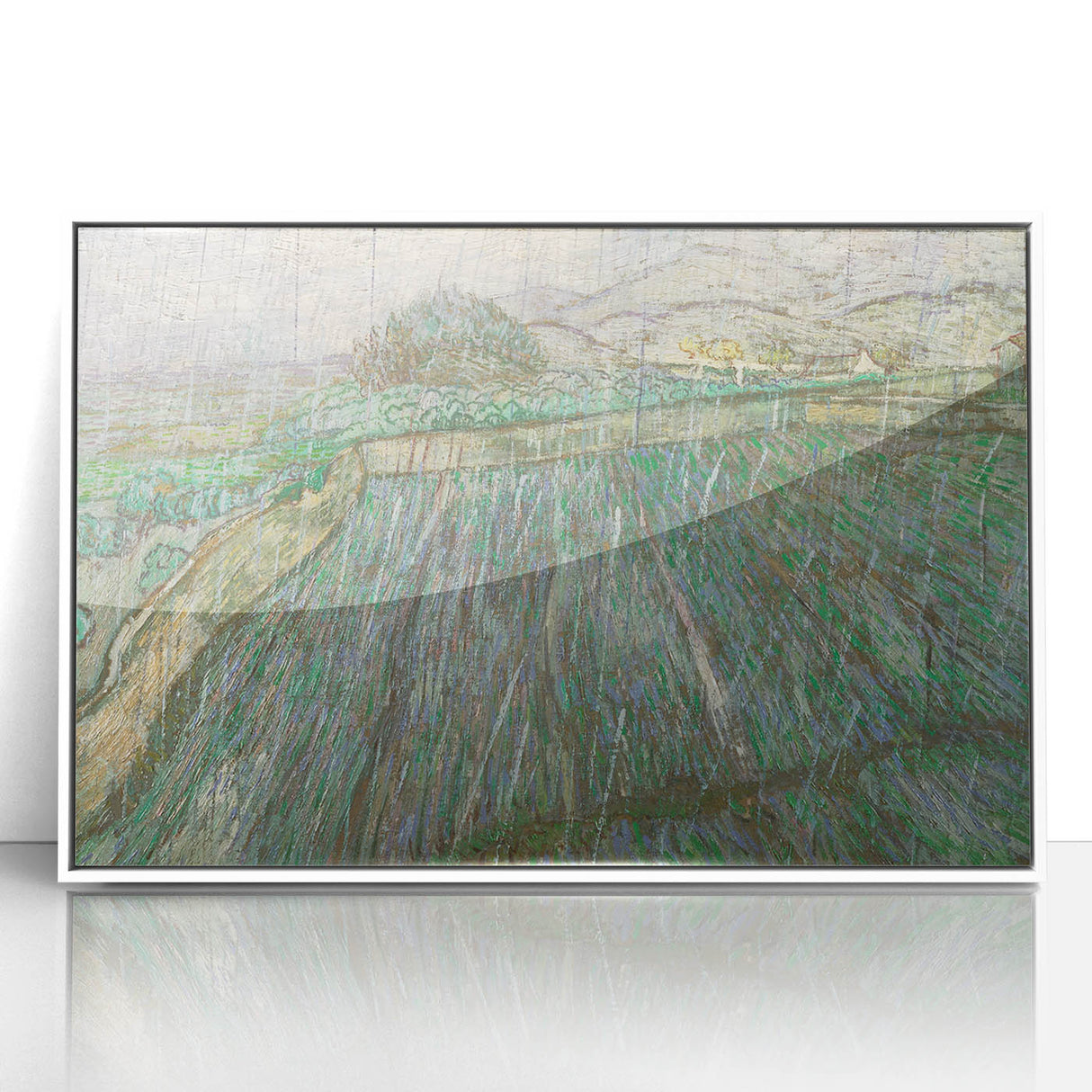 Mid-century modernist art depicting a stylized cityscape in acrylic, framed in white, suitable for nursery wall art.