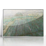 Mid-century modernist art depicting a stylized cityscape in acrylic, framed in white, suitable for nursery wall art.