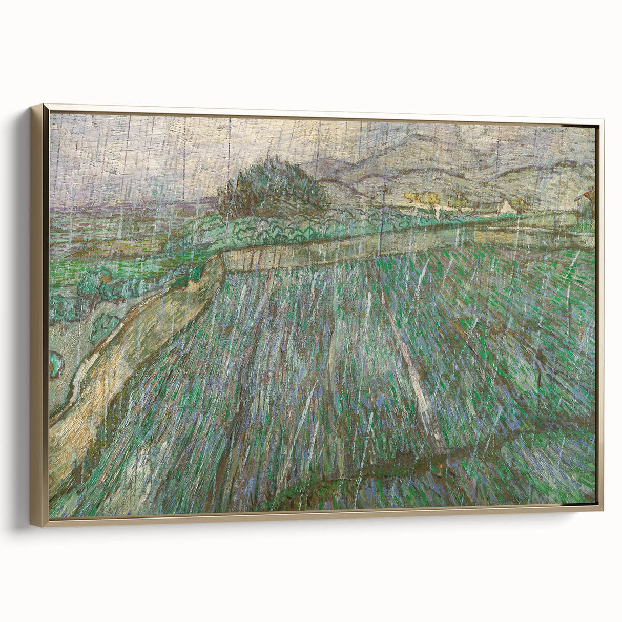 Vintage-style framed canvas depicting a landscape painting with muted earth tones, ideal for bedroom wall art.