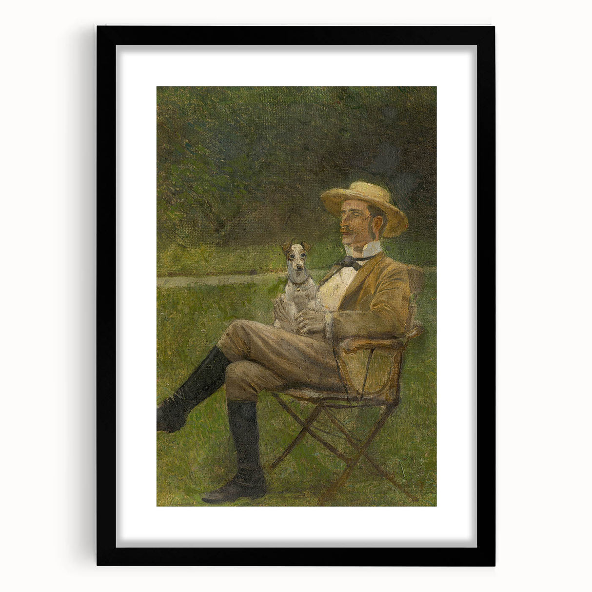 Modern Wall Art - Seated Man with Dog in Serene Outdoor Setting