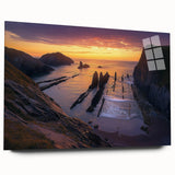 Acrylic landscape artwork showcasing dramatic cliffs and vibrant colors, presented in a sleek glass frame, perfect for modern home decor. Ideal for nature enthusiasts.