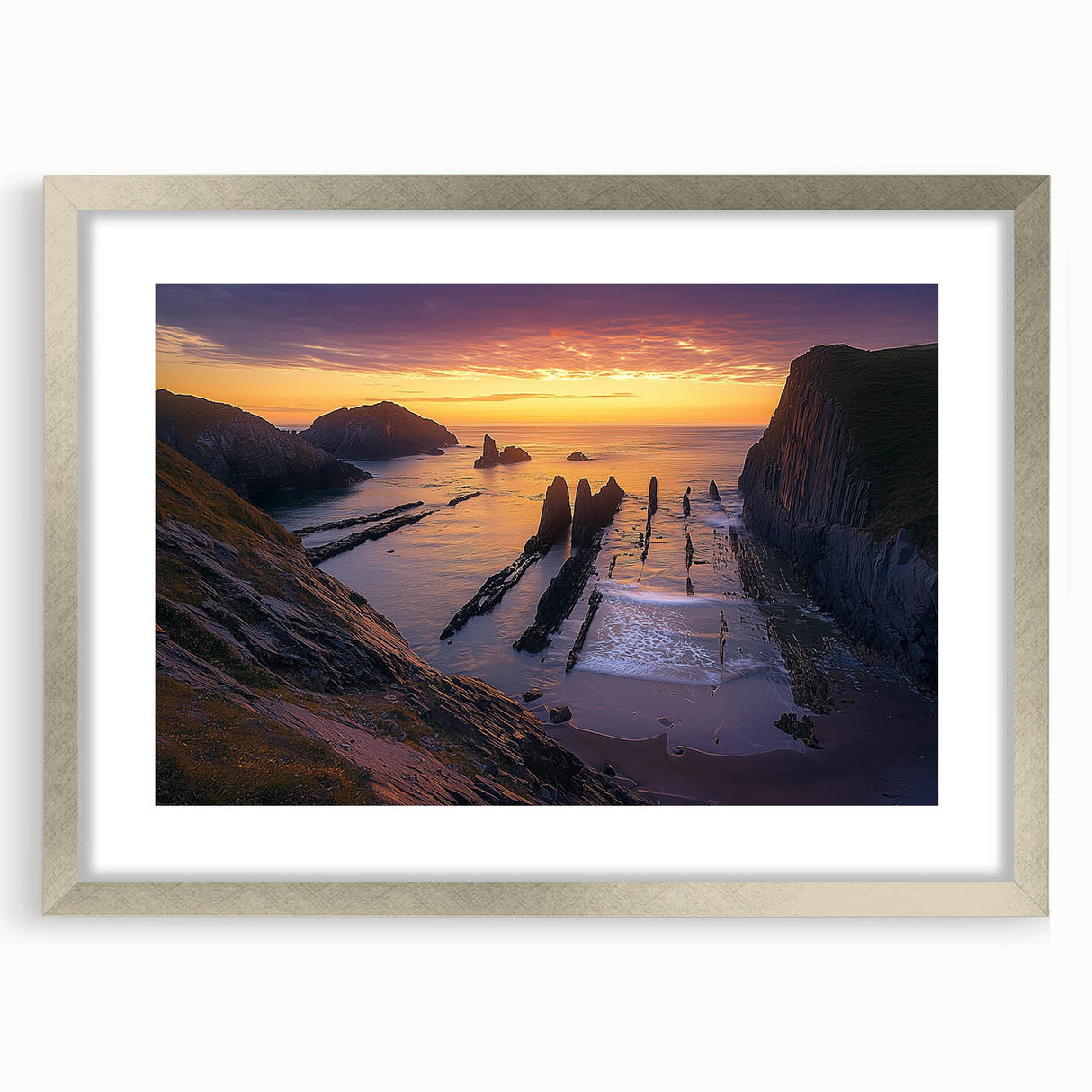 Framed landscape artwork depicting majestic cliffs with a silver mat, showcasing intricate details and vibrant colors, perfect for home decor enhancement.