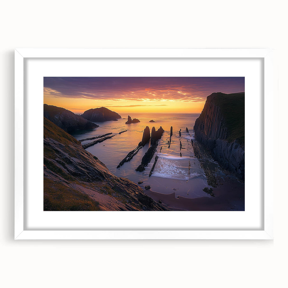 Framed landscape artwork depicting rugged cliffs with a white mat, showcasing natural beauty and elegance, perfect for home decor aesthetics.