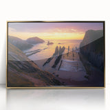 Framed acrylic artwork showcasing a vibrant landscape with dramatic cliffs, highlighted by a luxurious gold frame, perfect for enhancing modern home decor.