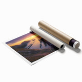 Vibrant rolled print depicting a stunning landscape of dramatic cliffs, showcasing rich colors and intricate details, ideal for home decor or art enthusiasts.