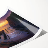 Vibrant rolled canvas print showcasing a stunning landscape of rugged cliffs under a bright blue sky, ideal for home decor or art enthusiasts, securely packaged for delivery.