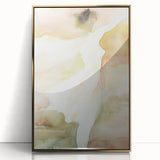 Framed abstract figurative art piece with gold accents, showcasing dynamic shapes and lines against a vibrant background, ideal for modern home decor.