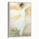 Framed abstract figurative canvas artwork showcasing a dynamic design with soft colors, displayed from a side view against a neutral background, perfect for contemporary decor.