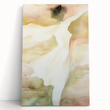 Abstract figurative stretched canvas artwork featuring vibrant colors and dynamic shapes, leaning against a wall, perfect for modern interior decor.