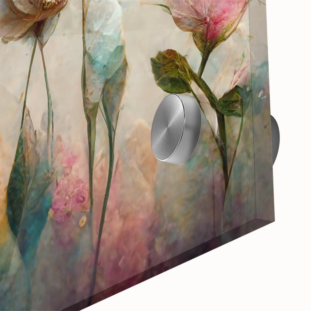 Close-up of vibrant abstract floral wall art design on acrylic glass, showcasing rich colors and intricate details, perfect for modern home decor.