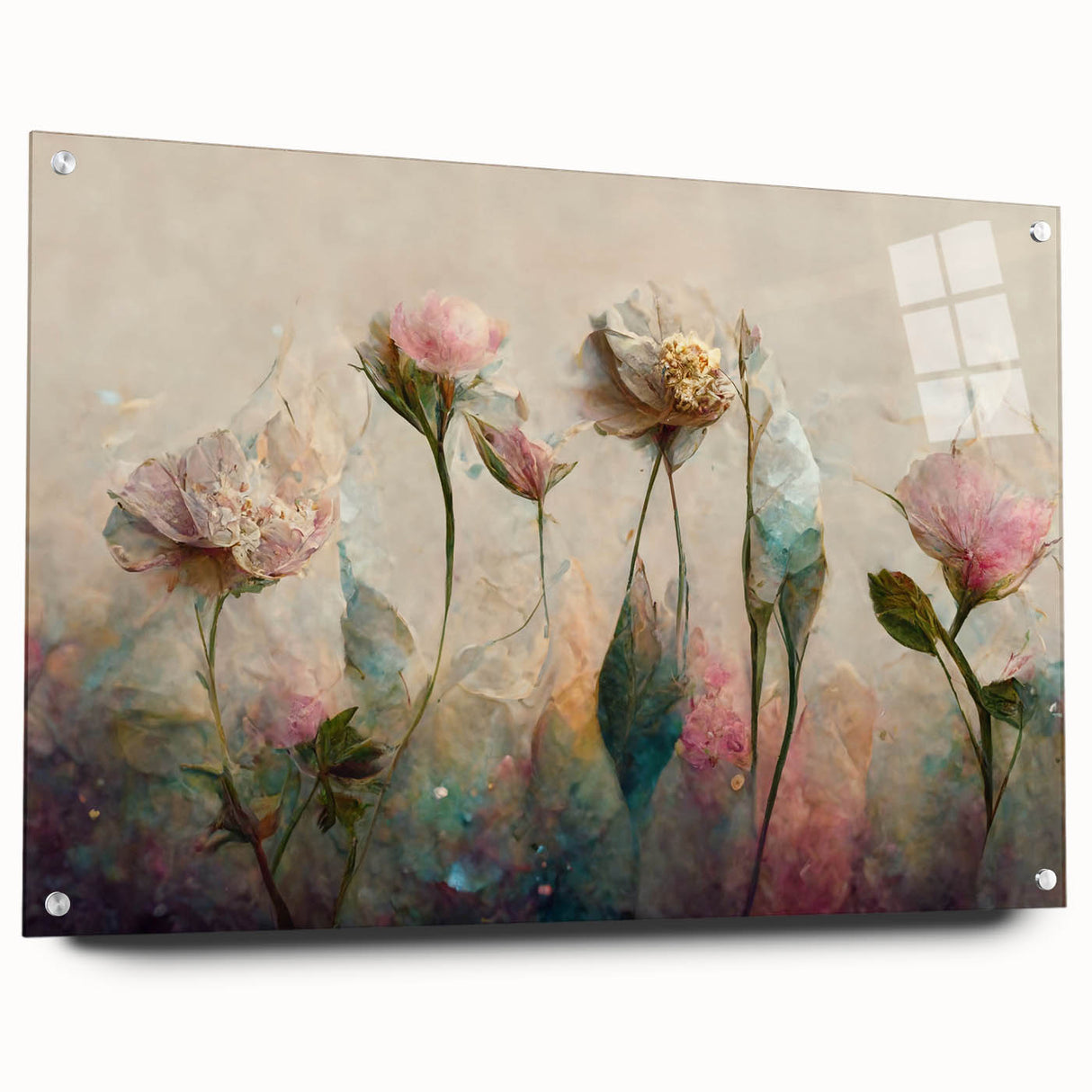 Abstract floral wall art displayed in a sleek acrylic glass frame, showcasing vibrant colors and modern design. Side view highlights the polished edges and mounting pins, perfect for contemporary home decor.