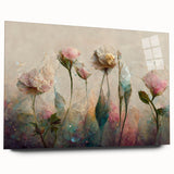 Abstract floral wall art displayed in a sleek acrylic glass frame, showcasing vibrant colors and intricate designs, perfect for modern home decor.