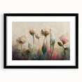 Abstract floral wall art framed with a matte finish, showcasing vibrant colors of pink, blue, and green against a sleek black frame, perfect for modern home decor.