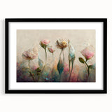 Abstract floral wall art framed with a matte finish, showcasing vibrant colors of pink, blue, and green against a sleek black frame, perfect for modern home decor.