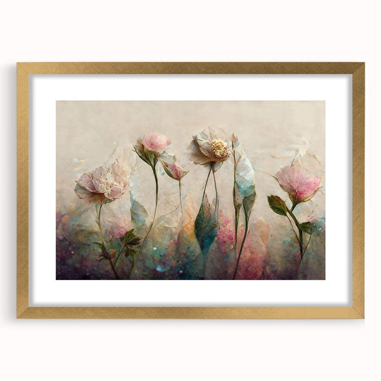 Abstract floral wall art framed in gold, featuring vibrant colors and intricate designs, perfect for adding elegance to any living space or office decor.