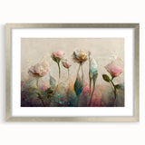 Abstract floral wall art framed in silver, showcasing vibrant colors and intricate patterns, perfect for modern home decor. Framed with a matte finish for an elegant look.