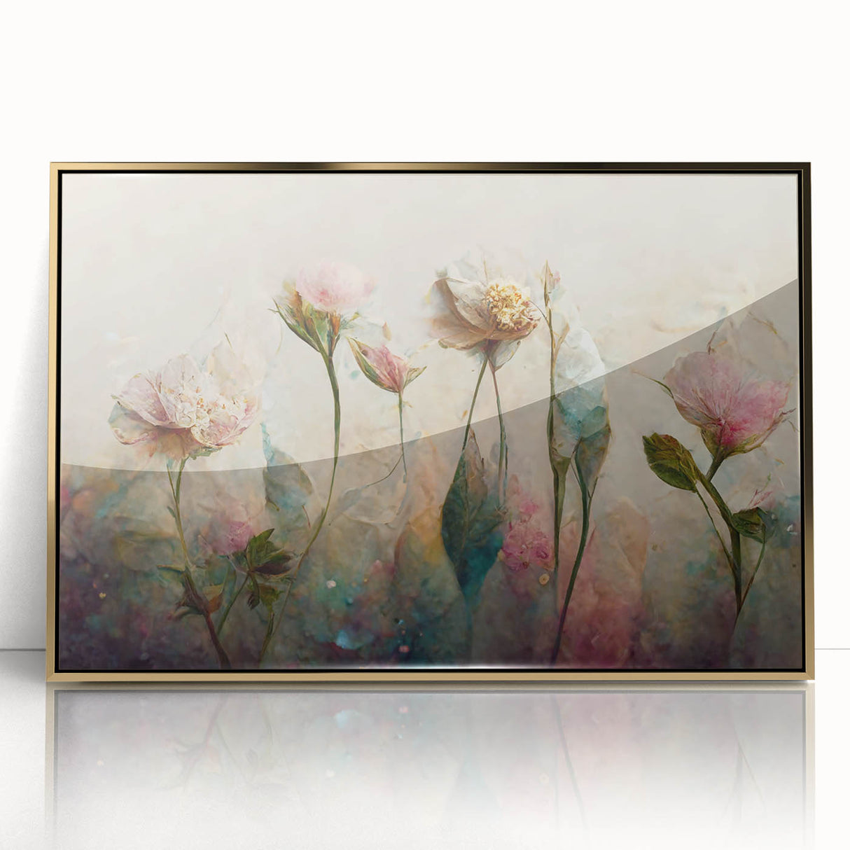 Framed abstract floral wall art with gold accents, featuring a vibrant and intricate design set against a soft background, ideal for modern home decor.