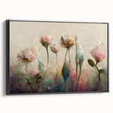 Framed black side view of abstract floral wall art on canvas, showcasing vibrant colors and intricate details, perfect for modern home decor.
