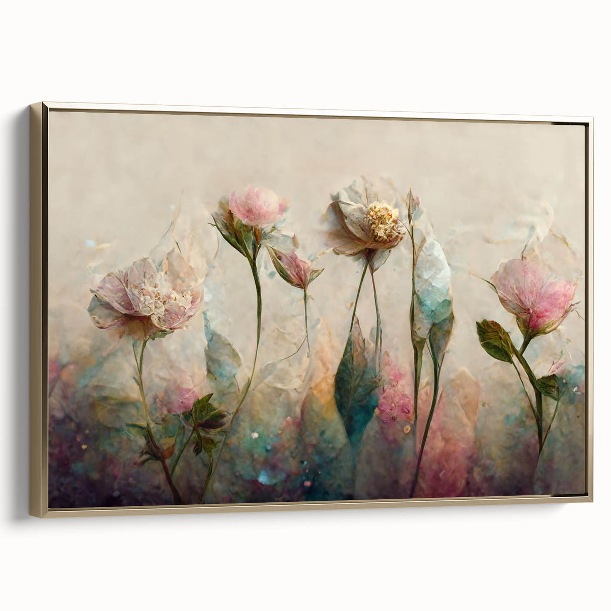 Framed canvas wall art showcasing an abstract floral design with gold accents, viewed from the side, perfect for modern home decor and enhancing interior aesthetics.