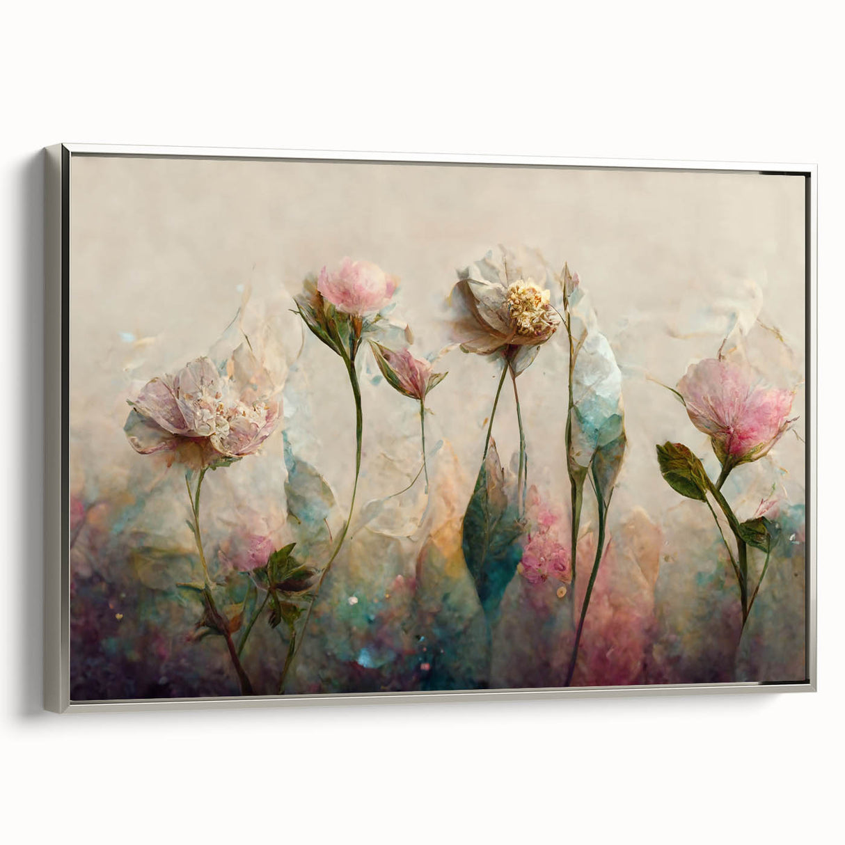 Framed abstract floral wall art on a silver background, showcasing vibrant colors and intricate designs, perfect for modern home decor or office spaces.