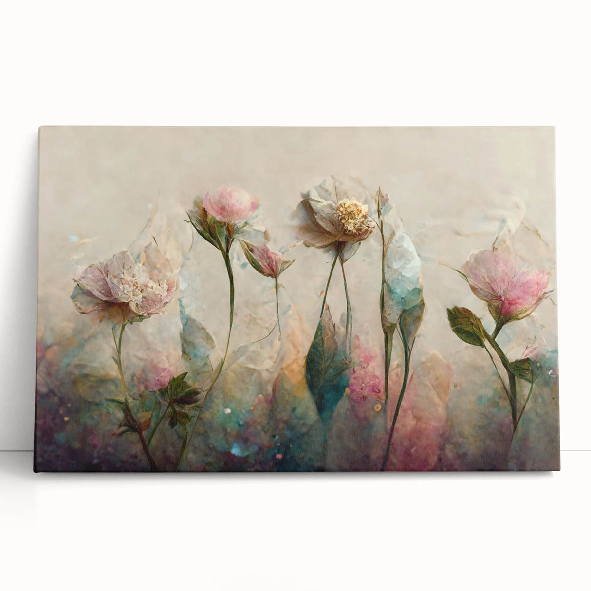 Abstract floral wall art on stretched canvas, showcasing vibrant colors and intricate designs, leaning against a neutral wall, perfect for modern decor.