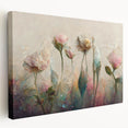 Stretched canvas artwork showcasing vibrant abstract florals in hues of blue, pink, and yellow, designed to enhance modern home decor with elegance and style.